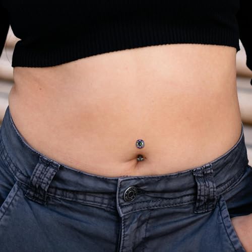 G23 Titanium Belly Jewelry 14G Flat Bottom Floating Belly Button Rings Curved Belly Barbell Navel Ring Belly Piercing 8/10/12/14mm Navel Rings Belly Piercings Jewelry for Women - color: Style1:Black+Vitrail Medium CZ