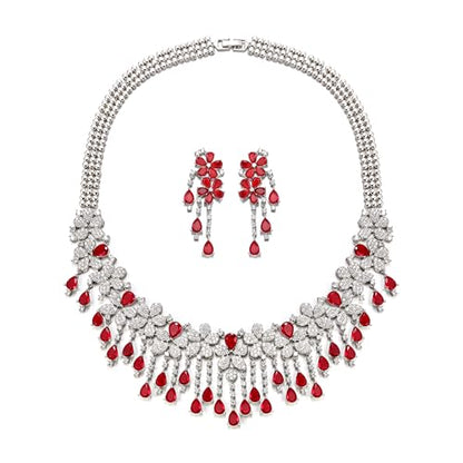 EVER FAITH Bridal Jewelry for Bride Bridesmaid, Elegant Cubic Zirconia Birthstone Cluster Flower Teardrop Wedding Party Necklace Dangle Earrings Sets for Women - color: Red