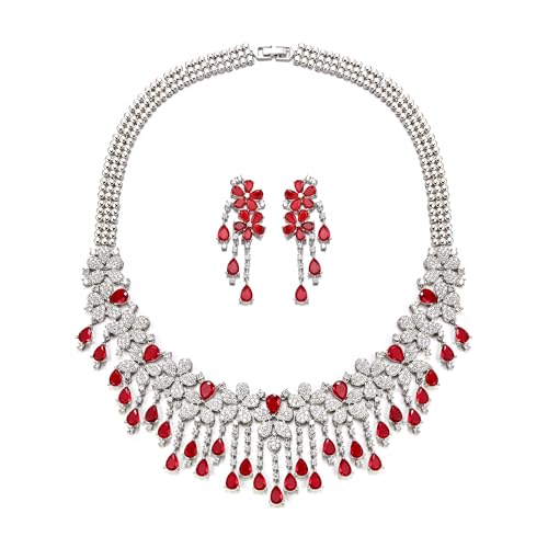 EVER FAITH Bridal Jewelry for Bride Bridesmaid, Elegant Cubic Zirconia Birthstone Cluster Flower Teardrop Wedding Party Necklace Dangle Earrings Sets for Women - color: Red