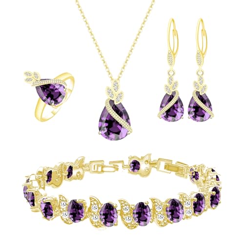 GZWHD Jewelry Set for Women CZ Earrings Necklace Ring Bracelet Set Prom Party Wedding Jewelry Gift for Mother Friend Wife - color: A-Gold-Purple
