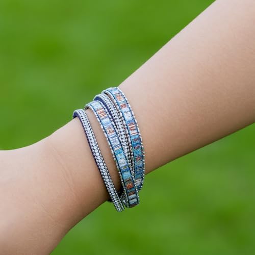 Boho Double Wrap Leather Bracelets Stackable Layered Western Hippie Jewelry | Colorful Stacked Bohemian Statement Chunky Magnetic Clasp Cuff Bangles Cowgirl Country Summer Beach Outfits for Women Trendy - color: Blue