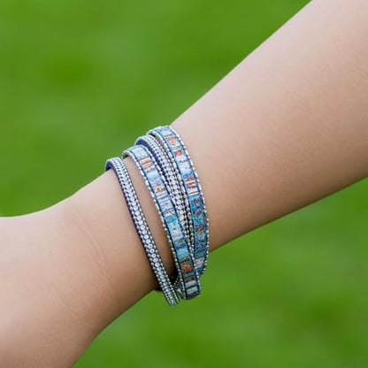 Boho Double Wrap Leather Bracelets Stackable Layered Western Hippie Jewelry | Colorful Stacked Bohemian Statement Chunky Magnetic Clasp Cuff Bangles Cowgirl Country Summer Beach Outfits for Women Trendy - color: Blue