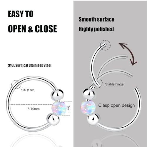 2 Pcs Small Cartilage Hoop Earrings for Women Men, 18G Opal Silver Earrings Hypoallergenic 316L Surgical Steel Hinge Huggie Hoop Earrings for Helix,Tragus,Conch,Rook,Earlobe Piercing Jewelry Nose Ring - style: 2Pcs 8mm Pink Opal/Silver