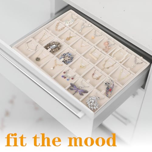 24 Grids Stackable Jewelry Tray Organizer with Removable Dividers, Velvet Jewelry Display Tray for Earrings Necklaces Bracelet Rings Display Showcase - Beige