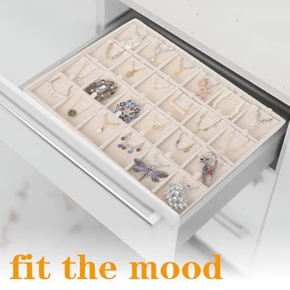 24 Grids Stackable Jewelry Tray Organizer with Removable Dividers, Velvet Jewelry Display Tray for Earrings Necklaces Bracelet Rings Display Showcase - Beige