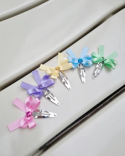 Heart Gem Ribbon Hair Snap Clips with Satin Bow, Multicolor Set of 5, Pink Yellow Green Blue Purple, 2 Inch