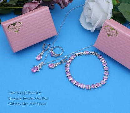 LMXXVJ Jewelry Set for Women,Teardrop Cubic Zirconia Necklace Earrings Adjustable Ring Bracelet Jewelry Set Formal Jewelry Gift - color: MHSD-White Gold-Pink