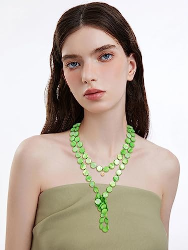 Firstmeet Flat Round Coin Shell Beads Long Knotted Necklace Natural Mother of Pearl Handmade Jewelry For Women - color: Green