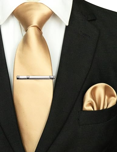 JEMYGINS Mens Solid Color Formal Necktie and Pocket Square, Tie Clip Sets - color: Champagne Gold