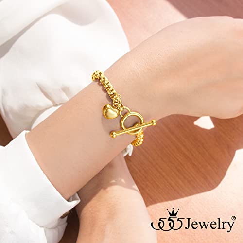 555Jewelry Stainless Steel Toggle Box Link Chain Heart Charm Bracelet for Women & Girls - color: Gold
