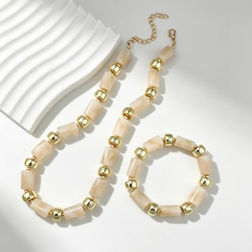YBMYCM Colorful Resin Beaded Necklace Bracelet Set for Women, Adjustable Chunky Choker Necklace with Stretch Bracelet, Boho Statement Summer Beach Jewelry Gift for Her - color: Beige