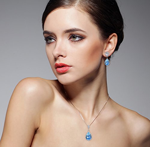 Elegant Jewelry Set for Women Silver Teardrop CZ Drop Earrings and Necklace | Square Teardrop Cubic Zirconia Rhinestone Jewelry Sets Bridal Jewelry Sets for Wedding Bride Bridesmaids Mother of Bride - style: Guardian Angel (Aquamarine)