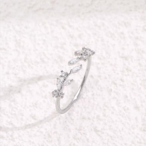 Gold Rings Non Tarnish Silver Adjustable Rings for Women Cubic Zirconia Leaf Ring Dainty Silver Stackable Ring for Women - style: silver