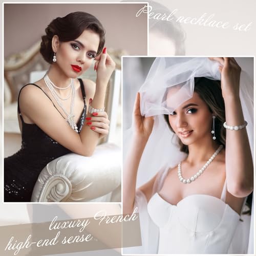 Bonuci 12 Pcs Women Pearl Jewelry Set Pearl Necklace Bracelet Earrings with Rhinestone for Wedding Birthday Bridal Tea Party - style: Classic
