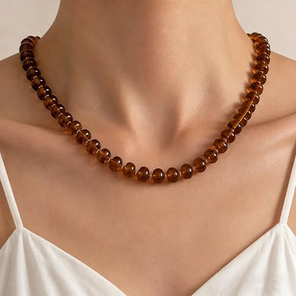 Chunky Beads Necklace for Women Trendy Gold Puffy Heart Choker Necklace Colorful Resin Beaded Heart Pendant Necklaces Statement Jewelry - color: 14MM Disc Bead-Brown