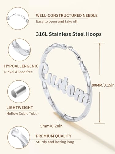 FindChic Twisted Hoop Earrings for Women, Silver/Black/14K Gold Plated Hypoallergenic Hollow Tube Rounded Loop Earrings, 30mm/40mm/60mm/80mm Hoops with Custom Name Options and Gift Box - color: e.Silver (Custom Name), size: 80MM