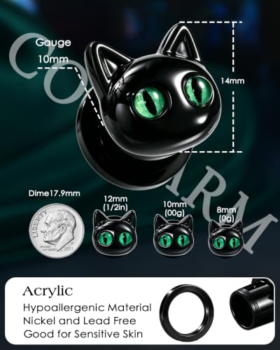 One Piece Halloween Cat Ear Gauges Plug,0G-1/2In Saddle Plug for Ears, 316L Surgical Steel Ear Stretching Piercing Jewelry - size: BK-00 Gauge(10mm)
