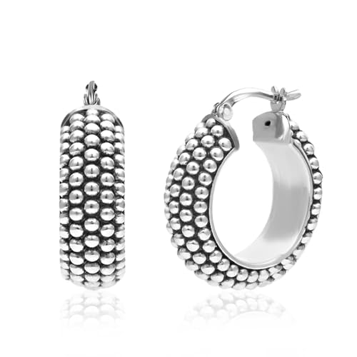 LeCalla 925 Sterling Silver Bali-Style Hoop Earrings Lightweight Click-Top Antique Two-Tone Beaded Italian Bali Style Earring Hoops for Women - style: Chunky Round Beaded