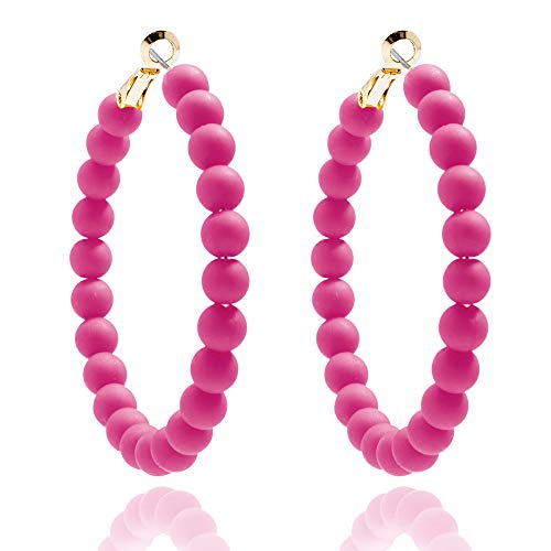 ZENZII Beaded Hoop Earrings Bohemian Circle Round Bead Earrings Chic Dangle Earrings for Women and Girls - color: Hot Pink