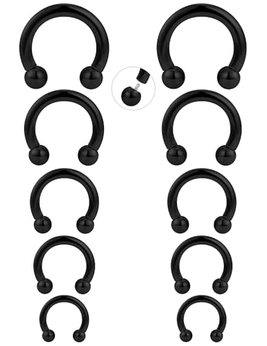 20G-00G Septum Rings Ear Gauges Earrings Stretching Kit 316L Surgical Steel Horseshoe Septum Pa Piercing Jewelry for Women 10mm 12mm 14mm 16mm - color: Black, size: Gauge: 10G, Inner Dia: 8mm 10mm 12mm 14mm 16mm