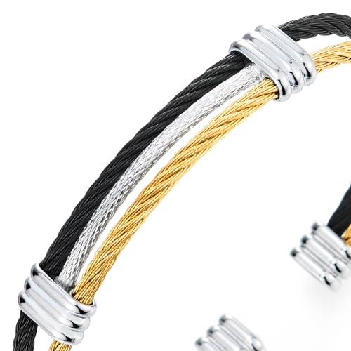 COOLSTEELANDBEYOND Men Women Stainless Steel Twisted Cable Adjustable Cuff Bangle Bracelet - color: N-Metal Color: Black & Gold & Silver