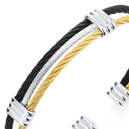 COOLSTEELANDBEYOND Men Women Stainless Steel Twisted Cable Adjustable Cuff Bangle Bracelet - color: N-Metal Color: Black & Gold & Silver