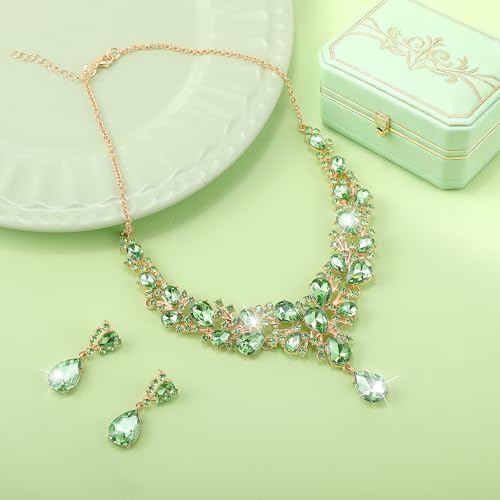 Hicarer Bridal Teardrop Cluster Crystal Jewelry Set for Women Necklace Earrings Wedding - color: Green Gold