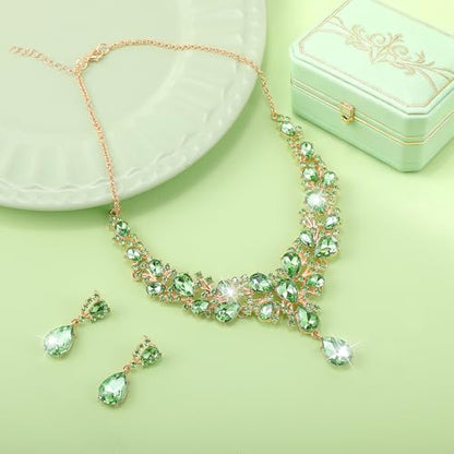 Hicarer Bridal Teardrop Cluster Crystal Jewelry Set for Women Necklace Earrings Wedding - color: Green Gold