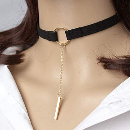 PAMTIER Womens Black Velvet Circle Round Chrams Pendant Ribbon Gothic Collar Choker Necklace with Beads - color: Font Pendant Gold
