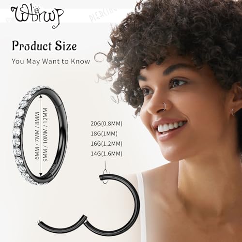 WBRWP 316L Stainless Steel Nose Hoop Rings Clicker with Zircon/Opal 14g-20g | Hypoallergenic Nose Rings Segment Clicker Lip Rings Cartilage Rook Conch Earrings Diameter 5mm-10mm - color: Black ring with zircon -1pc Pack