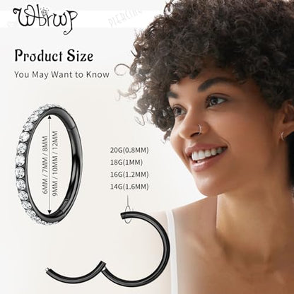 WBRWP 316L Stainless Steel Nose Hoop Rings Clicker with Zircon/Opal 14g-20g | Hypoallergenic Nose Rings Segment Clicker Lip Rings Cartilage Rook Conch Earrings Diameter 5mm-10mm - color: Black ring with zircon -1pc Pack
