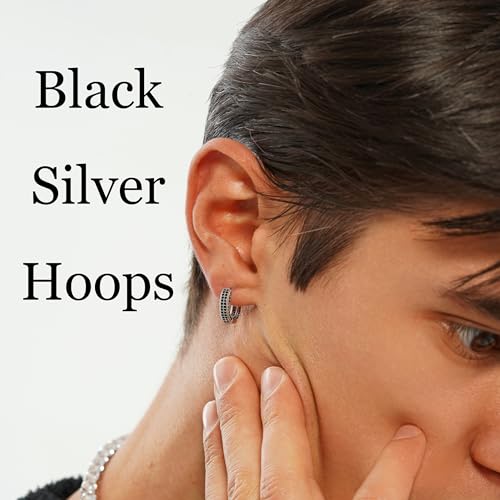 Iced Out Hoop Earrings Cubic Zirconia Huggie Cartilage Cuff Hypoallergenic 14K Gold Plated Luxury Fashion Round Circle Earrings For Men Women - color: 02 SilverBlack