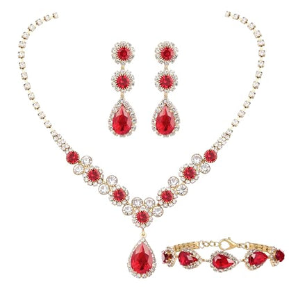 Paxuan Silver/Gold Rhinestone Crystal Wedding Bridal Bridesmaids Earrings Bracelet Set for Women Brides Bridesmaids Crystal Rhinestone Bracelet Earrings Set for Wedding Bridal Prom Pageant - color: Red