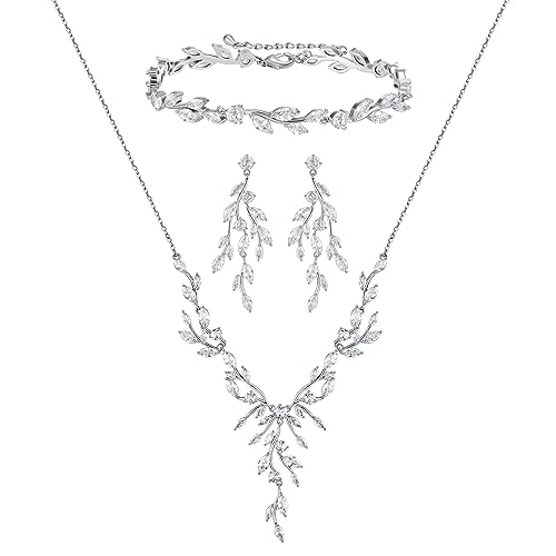 SWEETV Jewelry Set for Women, Cubic Zirconia Marquise Vine Cluster Bridal Earrings and Necklace Set, Bridal Jewelry Set for Wedding Prom - color: S11 Silver