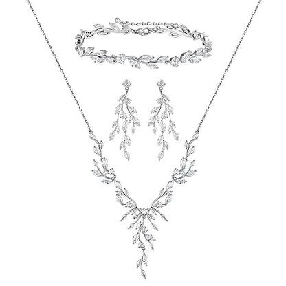 SWEETV Jewelry Set for Women, Cubic Zirconia Marquise Vine Cluster Bridal Earrings and Necklace Set, Bridal Jewelry Set for Wedding Prom - color: S11 Silver