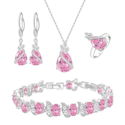 LMXXVJ Jewelry Set for Women,Teardrop Cubic Zirconia Necklace Earrings Adjustable Ring Bracelet Jewelry Set Formal Jewelry Gift - color: SYSD-White Gold-Pink