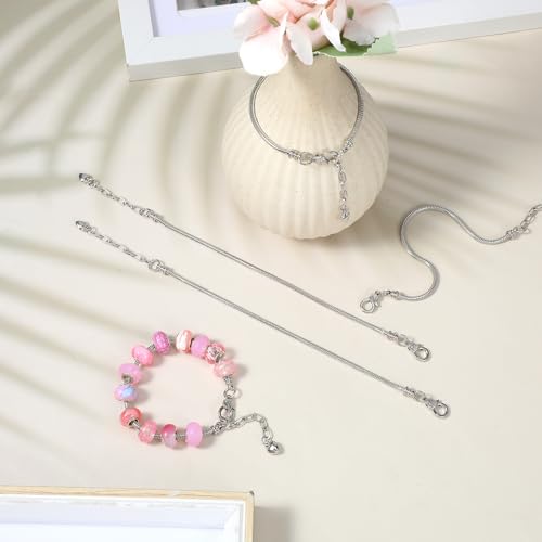 30 Pieces Adjustable Silver Snake Charm Bracelet Chains with Heart Lobster Clasp Extender DIY Jewelry Making Supplies for Women (7.87 Inch)