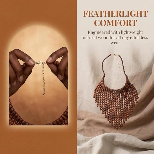 Coiris Boho African Wooden or Acrylic Beaded Bib Statement Necklace Strands Layered Cluster Chunky Collar Choker Wood Necklace for Women Fashion Costume Jewelry - color: Brown