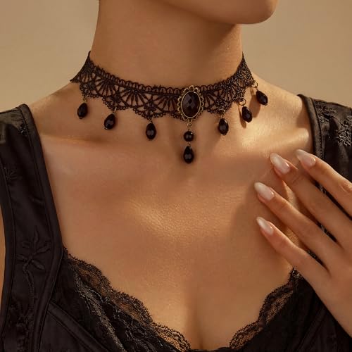 Qceasiy Gothic Black Necklace for Women, Adjustable Victorian Velvet Lace Collar, Halloween Party Cosplay Jewelry Gift - style: Gem Pendant