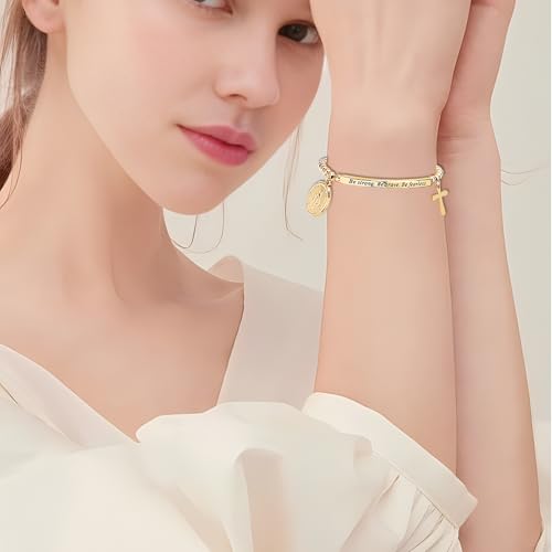 DS Inspirational Bracelet for Women Christian Engraved Bibler Verse Cross Butterfly Daisies Charm Bracelet, Exquisite Stainless Steel Jewelry Daughter Best Friend Bestie - style: Be strong,Be brave,Be fearless.You are never alone-Gold