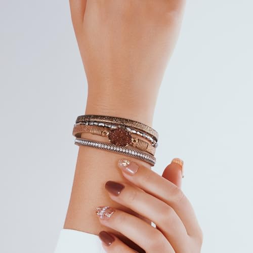 Boho Leather Wrap Bracelets Beaded Stackable Cuff Bracelet Country Concert Outfits Cowboy Cowgirl Western Jewelry Gifts for Women - color: Stone-Brown