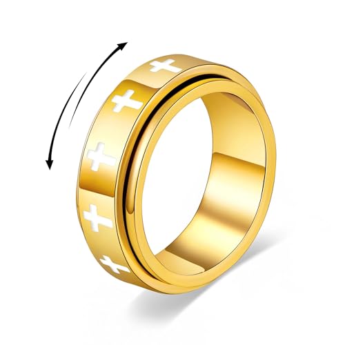 Fidget Anxiety Spinner Rings for Women | 14K Gold Silver Plated, 8mm Thick Stainless Steel Band Ring, Statement Cross Flower Spinning Rings, Jewelry Gifts, Size 6-10 - color: Gold-Cross