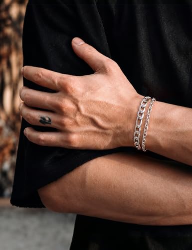 Silver Bracelet Set for Men, Figaro and Cable Link Chain | Stainless steel Figaro and cable link bracelets for stacking, daily wear, and gifts - color: Style1-7 inch
