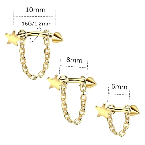 3 Pcs 316L Stainless Steel 16G Tragus Helix Rook Piercing Jewelry with Chain, Cartilage Earrings for Women, Belly Button Ring Vertical Labret Lip Piercing Jewelry - color: Gold, size: Star