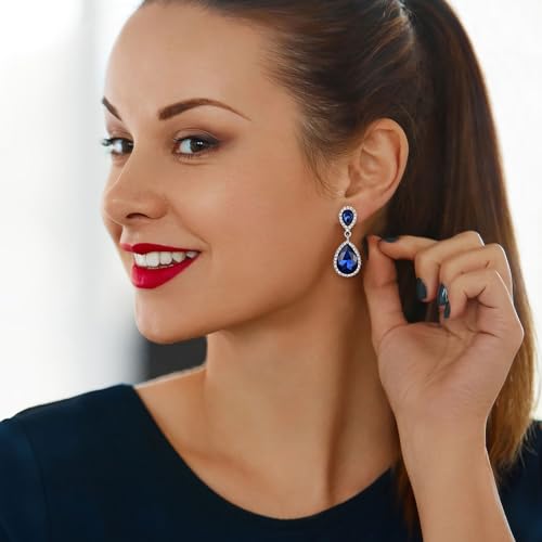 EVER FAITH Women's Austrian Crystal Wedding Tear Drop Dangle Earrings | Bridal Prom Jewelry for Bride Bridesmaid - color: Navy Blue