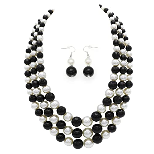 Chunky Layered Imitation Pearl Necklace for Women 3 strand Pearl Necklaces Faux Pearl Necklace Earrings Set 1920s Flapper Gatsby Costume Accessories - color: 3 strand pearl necklace black white
