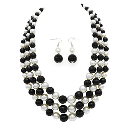 Chunky Layered Imitation Pearl Necklace for Women 3 strand Pearl Necklaces Faux Pearl Necklace Earrings Set 1920s Flapper Gatsby Costume Accessories - color: 3 strand pearl necklace black white