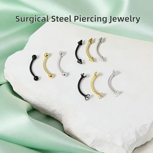 9PCS Gold Eyebrow Piercing Jewelry Titanium, Rook Jewelry Gold Surgical Steel Silver Eyebrow Rings for Women Men CZ Tiny Labret Lip Daith Navel Belly Button Helix Tragus Piercing Jewelry 16G 6mm/8mm/10mm - style: Eyebrow-12mm-9pcs
