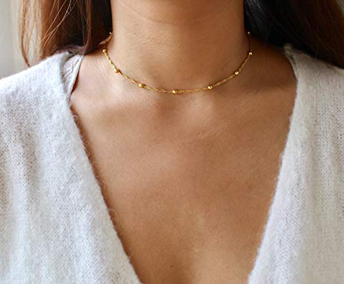 MEVECCO Dainty Choker Necklaces for Women, Beaded and Multi-Row Chains | 14K Gold Plated Brass, Select Silver Plated Brass Options, Polished And Textured Profiles For Everyday Styling - style: bead chain