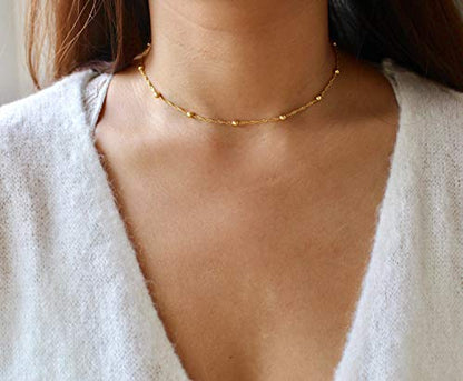 MEVECCO Dainty Choker Necklaces for Women, Beaded and Multi-Row Chains | 14K Gold Plated Brass, Select Silver Plated Brass Options, Polished And Textured Profiles For Everyday Styling - style: bead chain